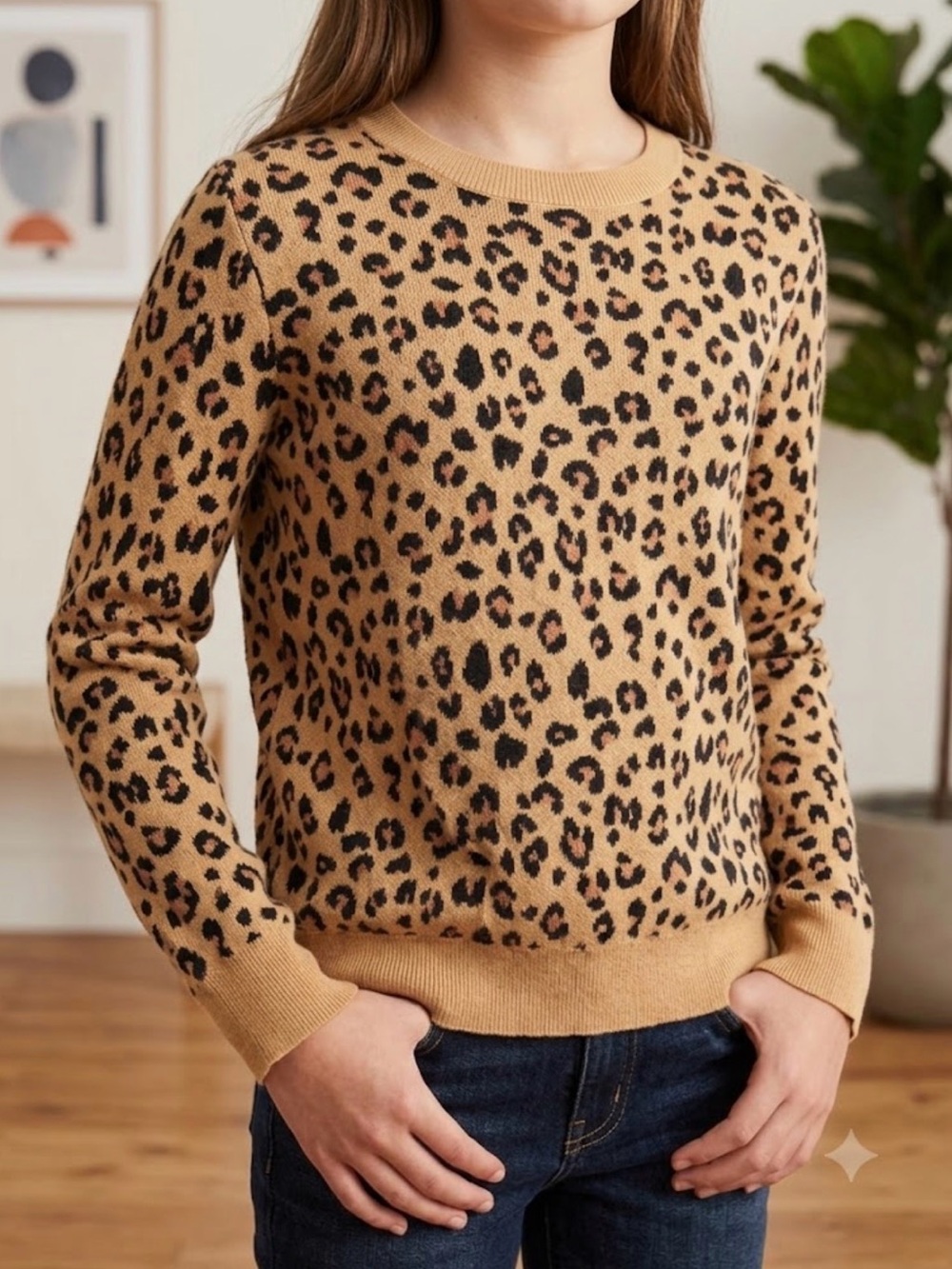 Crewcuts Leopard Print Crewneck Sweater - Tan & Black